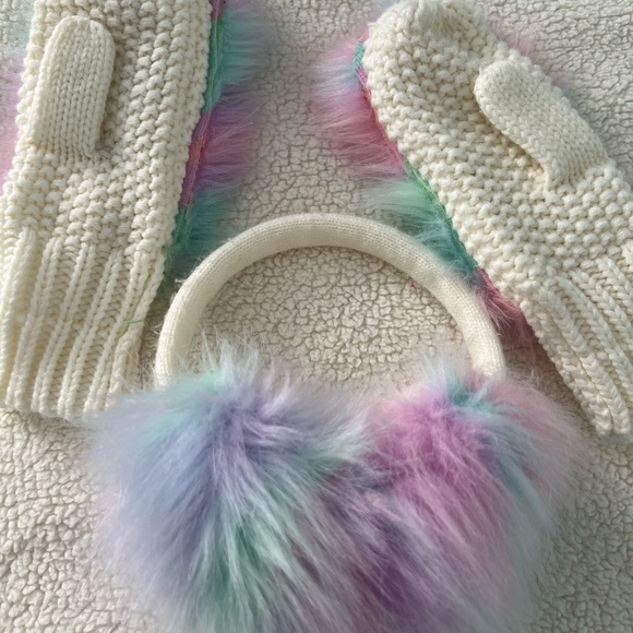 Colorful Faux Fur Earmuffs and Knit Mittens Set - Picture 1 of 2